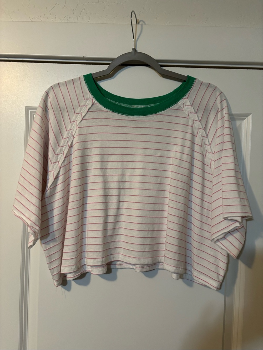 Women's Green-Trim White Top with Pink Stripes